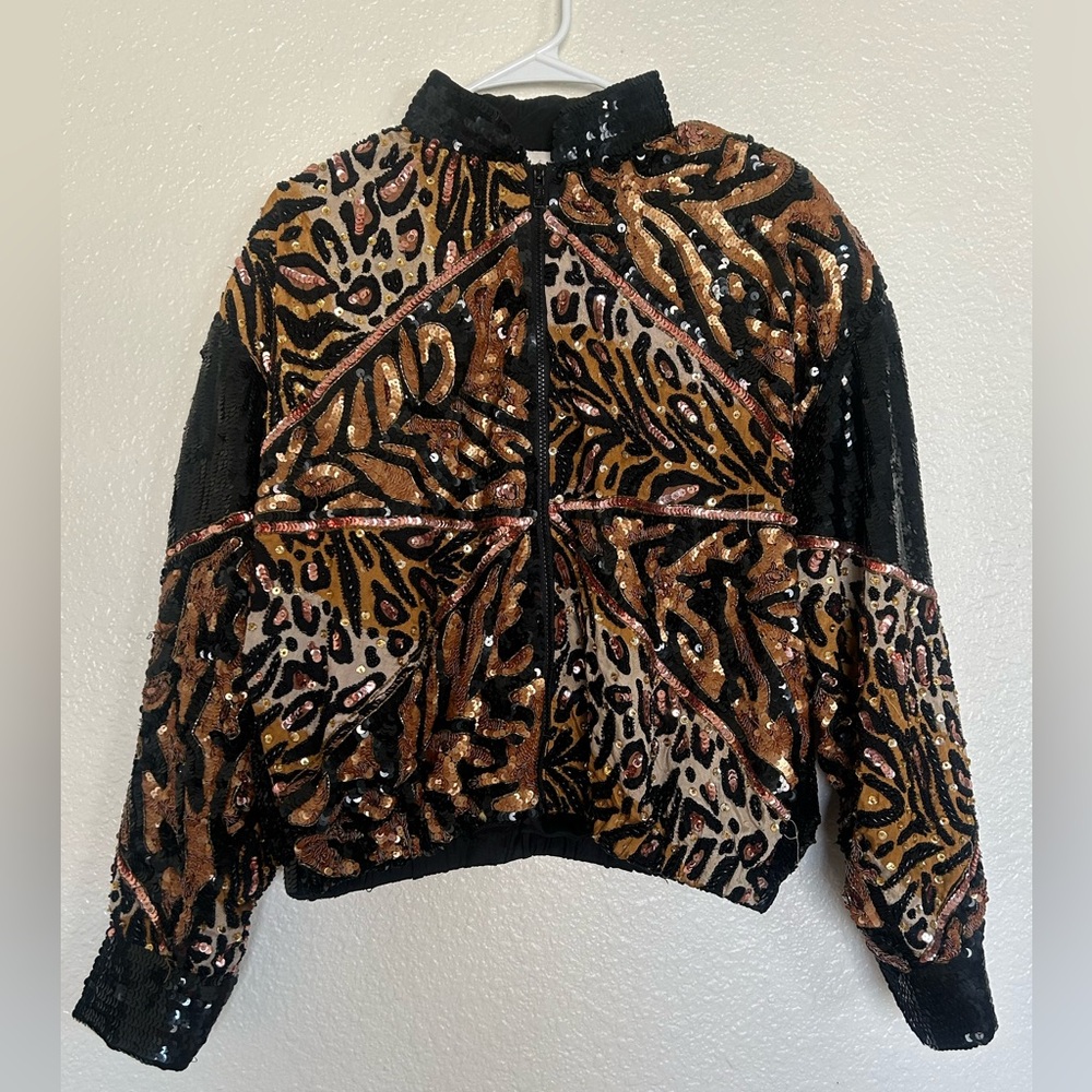 Caché Sequined Animal Print Bomber Jacket - Black & Brown size M